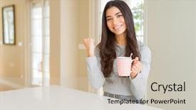  Presentation with pen laptop coffee cup clips - Beautiful slide deck featuring young woman drinking a cup backdrop and a  colored foreground