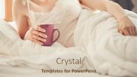  Presentation with tea coffee - Beautiful slides featuring young woman drinking cup of coffee or tea while lying in bed backdrop and a lemonade colored foreground