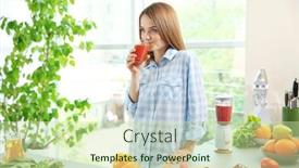  Presentation with juice - Slide set enhanced with young-woman-drinking-fresh-juice background and a  colored foreground