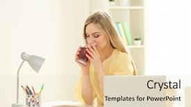  Presentation with juice - Colorful presentation enhanced with young woman drinking fresh juice backdrop and a lemonade colored foreground