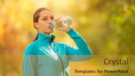  Presentation with exercise sport - Colorful PPT layouts enhanced with young woman drinking fresh water from bottle during her fitness exercise in autumn lifestyle and sport photo of healthy style outdoor and nature fitness backdrop and a gold colored foreground