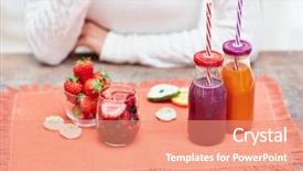  Presentation with fruit vegetable juice - Presentation theme consisting of young woman drinking healthy fruit background and a coral colored foreground