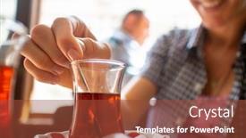  Presentation with turkish restaurant - Presentation theme consisting of young-woman-drinks-turkish-tea background and a tawny brown colored foreground
