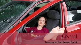  Presentation with driver - PPT theme with young woman driver resting in a red car put her feet on the car window happy travel concept background and a red colored foreground