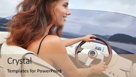  Presentation with motor boat in the sea - Colorful slides enhanced with young woman driving a motor backdrop and a coral colored foreground