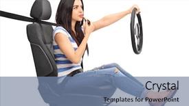  Presentation with lipstick - Presentation theme with young woman driving and putting on lipstick isolated on white background background and a seafoam green colored foreground