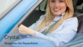  Presentation with driving - Amazing presentation design having young woman driving her car backdrop and a  colored foreground