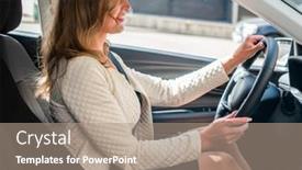  Presentation with driving - Presentation theme consisting of young-woman-driving-her-car background and a coral colored foreground