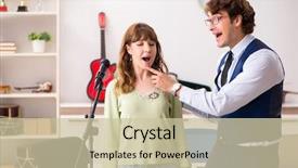  Presentation with online music lesson piano - PPT layouts having young woman during music lesson background and a soft green colored foreground