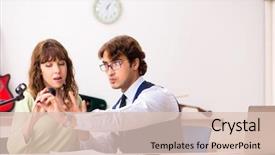  Presentation with music - Presentation theme featuring young woman during music lesson background and a  colored foreground