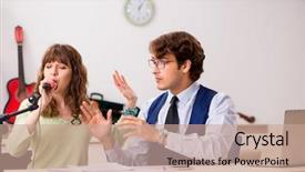  Presentation with music - Presentation design consisting of young woman during music lesson background and a coral colored foreground