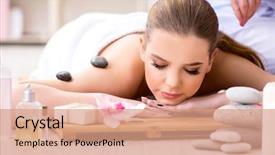  Presentation with salon and spa - Beautiful slides featuring young woman during spa procedure backdrop and a coral colored foreground