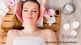  Presentation with salon - Presentation design with young-woman-during-spa-procedure background and a coral colored foreground