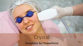  Presentation with cosmetology clinic - PPT theme with young woman during the procedure in the clinic of aesthetic cosmetology background and a coral colored foreground