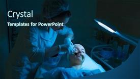  Presentation with cosmetology clinic - PPT theme enhanced with young woman during the procedure in the clinic of aesthetic cosmetology background and a navy blue colored foreground