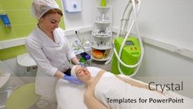  Presentation with cosmetology clinic - Presentation theme consisting of young woman during the procedure in the clinic of aesthetic cosmetology background and a soft green colored foreground