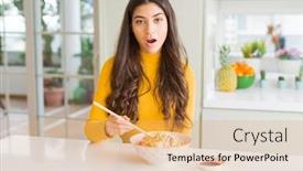  Presentation with asian chopsticks - Beautiful slide deck featuring young woman eating a bowl of asian rice using chopsticks scared in shock with a surprise face afraid and excited with fear expression backdrop and a coral colored foreground
