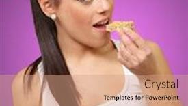  Presentation with granola - Audience pleasing theme consisting of young woman eating a granola bar on purple background backdrop and a coral colored foreground