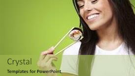  Presentation with piece of the pie - Beautiful PPT theme featuring young woman eating a sushi piece against a green background backdrop and a yellow colored foreground