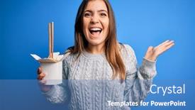  Presentation with chopstick - Beautiful PPT theme featuring young-woman-eating-asian-noodles backdrop and a teal colored foreground