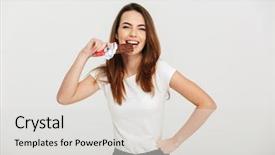  Presentation with snicker chocolate bar - Audience pleasing PPT theme consisting of young woman eating chocolate bar backdrop and a light gray colored foreground
