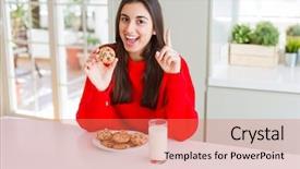  Presentation with of chocolate chips cookies - PPT layouts enhanced with young woman eating chocolate chip background and a coral colored foreground