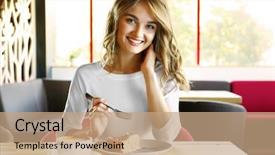  Presentation with dessert neighborhood - Colorful theme enhanced with young woman eating delicious dessert backdrop and a  colored foreground