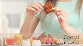  Presentation with ribs - Amazing PPT layouts having young woman eating delicious ribs for lunch in restaurant backdrop and a coral colored foreground