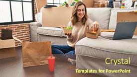  Presentation with food delivery - PPT layouts having young-woman-eating-delivery-food background and a violet colored foreground