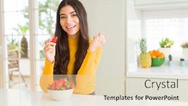  Presentation with healthy snack - Amazing slide set having young woman eating fresh red strawberry as healthy snack screaming proud and celebrating victory and success very excited cheering emotion backdrop and a soft green colored foreground