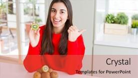  Presentation with beautiful green - Presentation with young woman eating half fresh background and a  colored foreground