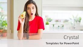  Presentation with healthy eating - Slide set with young woman eating healthy avocado scared in shock with a surprise face afraid and excited with fear expression background and a lemonade colored foreground