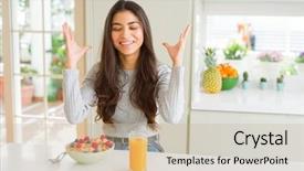  Presentation with brunch breakfast buffet healthy continental - Presentation design enhanced with young woman eating healthy breakfast background and a  colored foreground