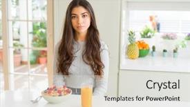  Presentation with brunch breakfast buffet healthy continental - Slide set consisting of young woman eating healthy breakfast background and a light gray colored foreground