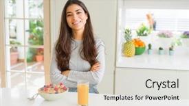  Presentation with healthy breakfast - Cool new PPT layouts with young woman eating healthy breakfast backdrop and a light gray colored foreground