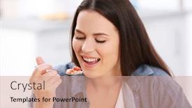  Presentation with healthy breakfast - Slide deck consisting of young-woman-eating-healthy-breakfast background and a coral colored foreground