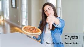  Presentation with eating - Theme enhanced with young woman eating homemade tasty background and a light blue colored foreground