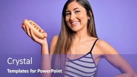  Presentation with ketchup - Slide deck having young-woman-eating-hotdog background and a violet colored foreground