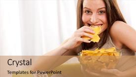  Presentation with potato chips - Slides featuring young woman eating potato chips background and a coral colored foreground