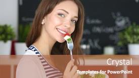  Presentation with eating - Slide set featuring young woman eating salad and holding a mixed salad background and a coral colored foreground