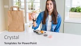  Presentation with food delivery - Audience pleasing slide deck consisting of young woman eating sushi asian food and noodles using choopsticks from take away delivery backdrop and a white colored foreground