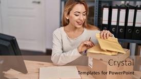  Presentation with ecommerce - Slide deck enhanced with young-woman-ecommerce-busines-worker background and a coral colored foreground