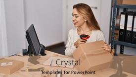  Presentation with scanning - Presentation consisting of young-woman-ecommerce-busines-worker background and a coral colored foreground