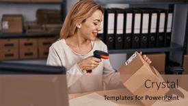  Presentation with scanning - Theme featuring young-woman-ecommerce-busines-worker background and a coral colored foreground