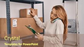  Presentation with ecommerce - PPT theme featuring young-woman-ecommerce-busines-worker background and a coral colored foreground