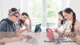  Presentation with woman office desk - Presentation theme having young woman editing a document background and a coral colored foreground