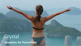  Presentation with contemplating - Amazing PPT theme having young-woman-enjoy-ang-thong backdrop and a ocean colored foreground