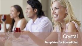  Presentation with dinner party - Beautiful slide set featuring young woman enjoying dinner party backdrop and a coral colored foreground