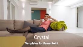  Presentation with corner - Cool new slide deck with young-woman-enjoying-free-time backdrop and a coral colored foreground