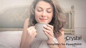 Presentation with coffee - Cool new presentation theme with young woman enjoying her coffee backdrop and a coral colored foreground